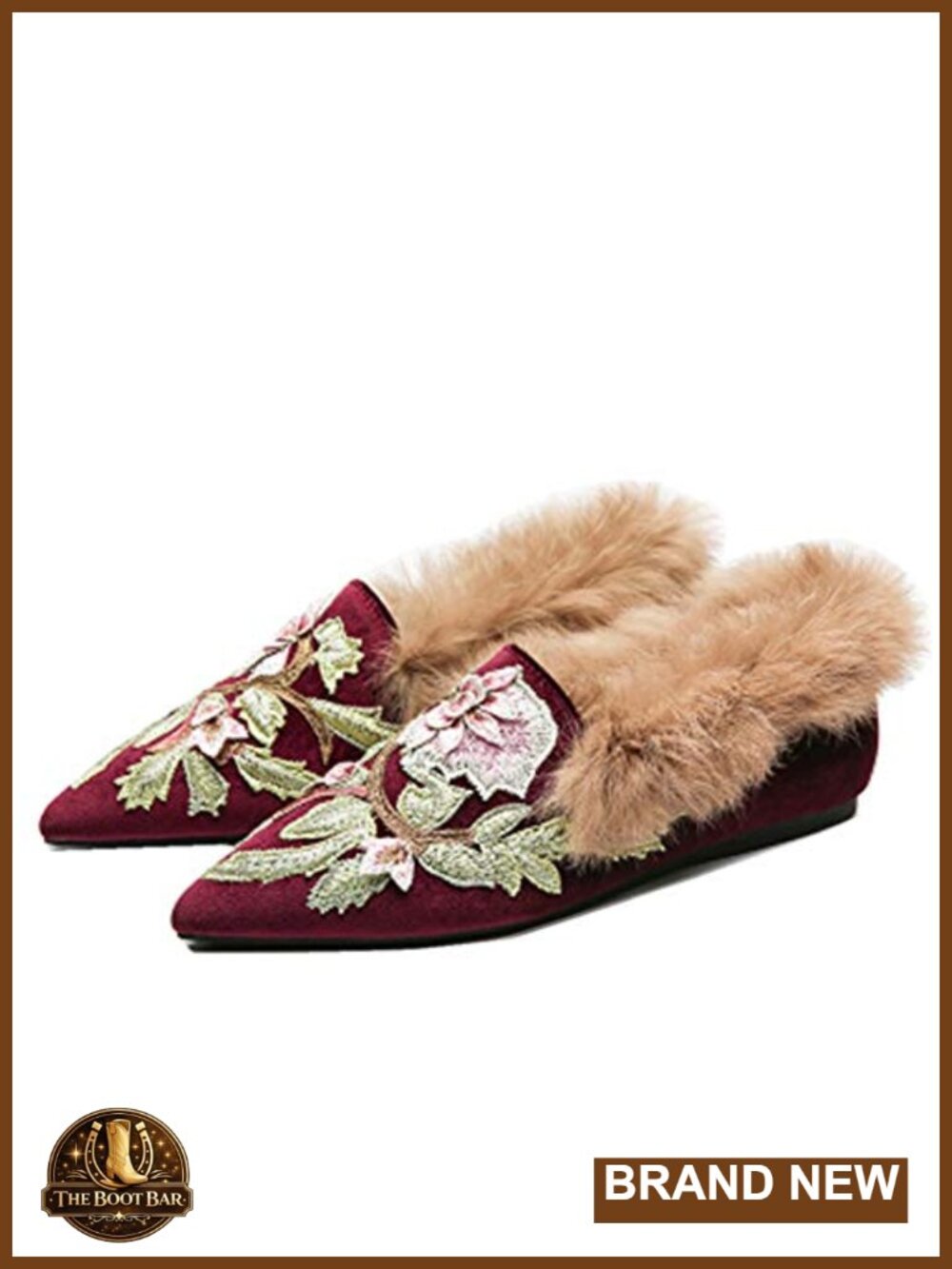 Fericzot Slip On Loafers Womens Embroidery Mule Shoes Plush Fur Velvet Slippers